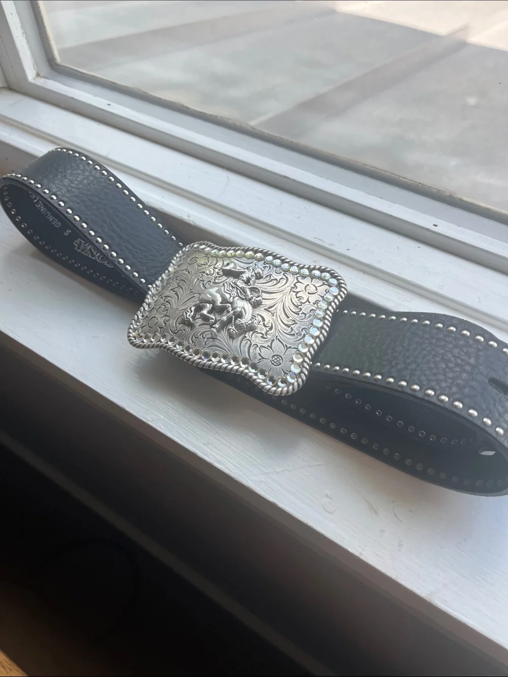 Nocona Black Leather Western Belt with Ornate Silver Rodeo Buckle sz S